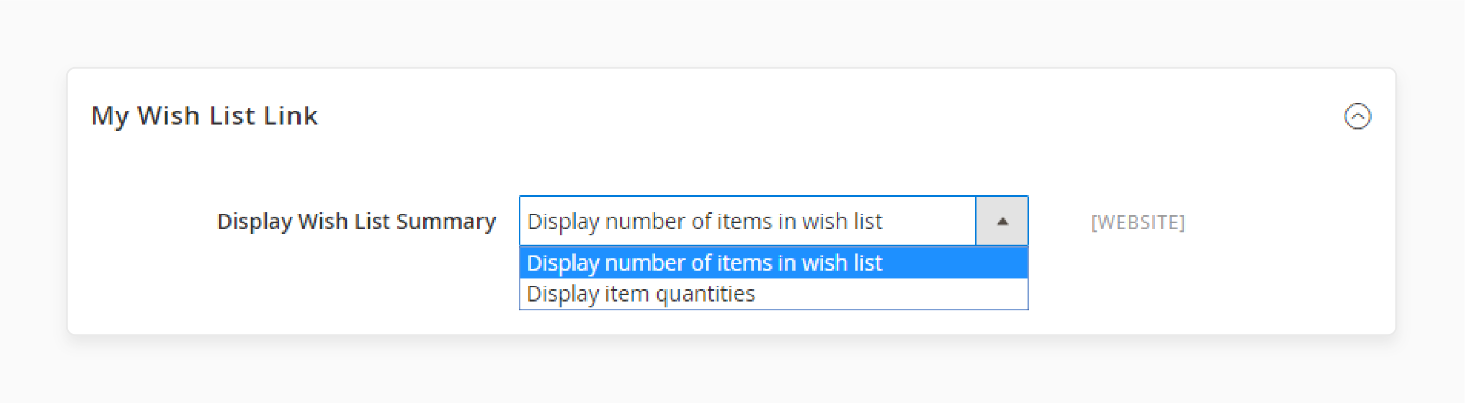 magento wishlist configuration showing display settings for summary and item counts