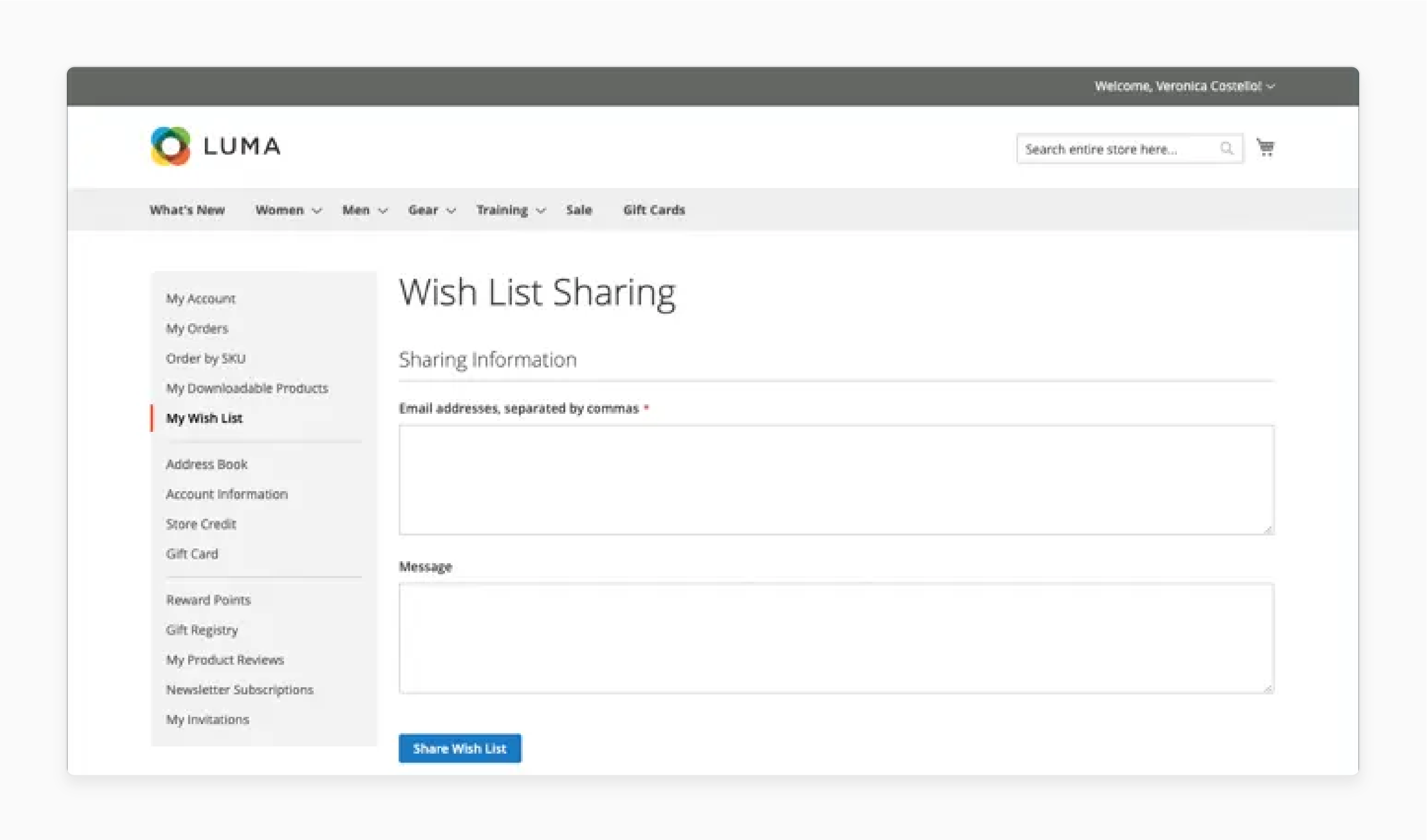 wishlist sharing form in magento with fields for email addresses and custom messages