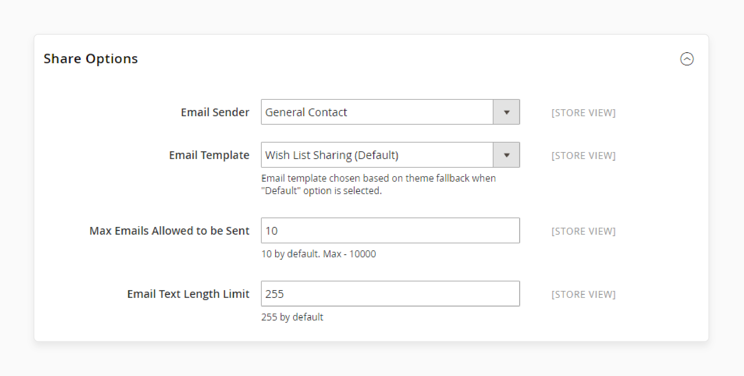 magento admin configuration panel for customizing wishlist email sharing and limits