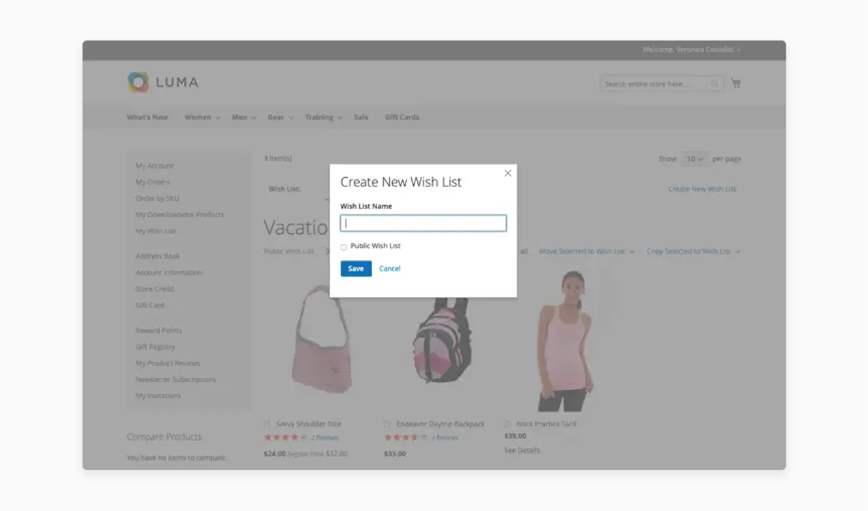 customer creating a new public wishlist in a magento 2 storefront interface
