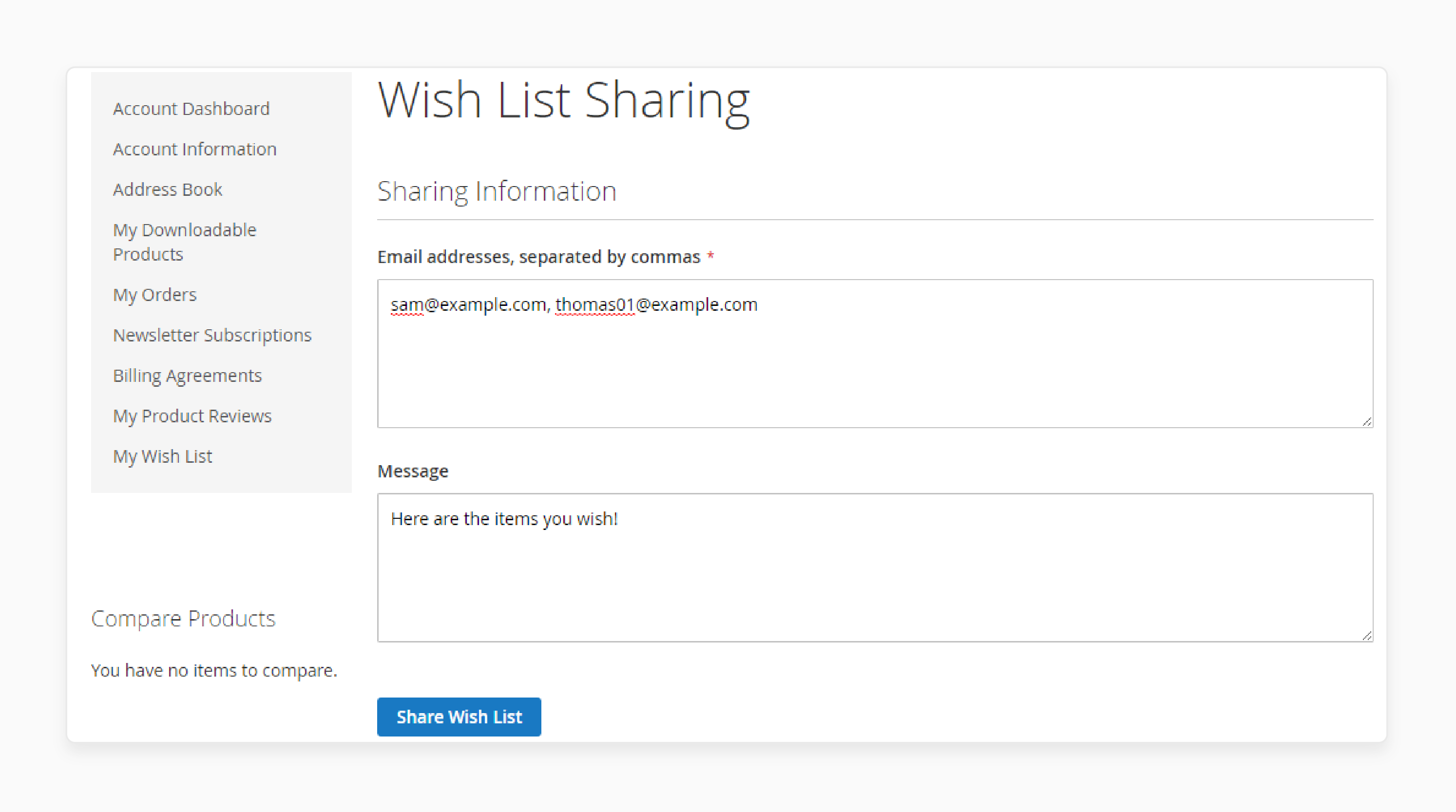 magento store interface showing wishlist in use with saved products ready to be added to cart