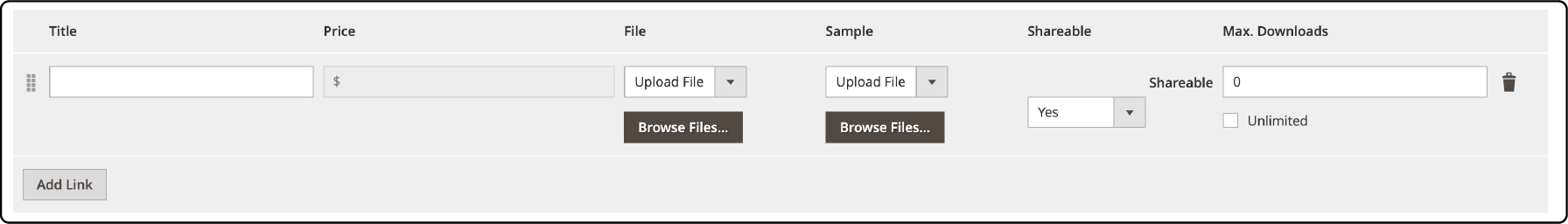 Magento interface showing how to input downloadable product details