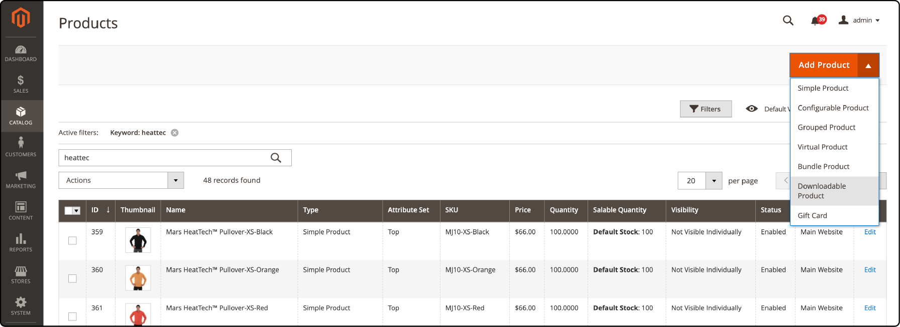 Magento interface highlighting the selection of the Downloadable Product type