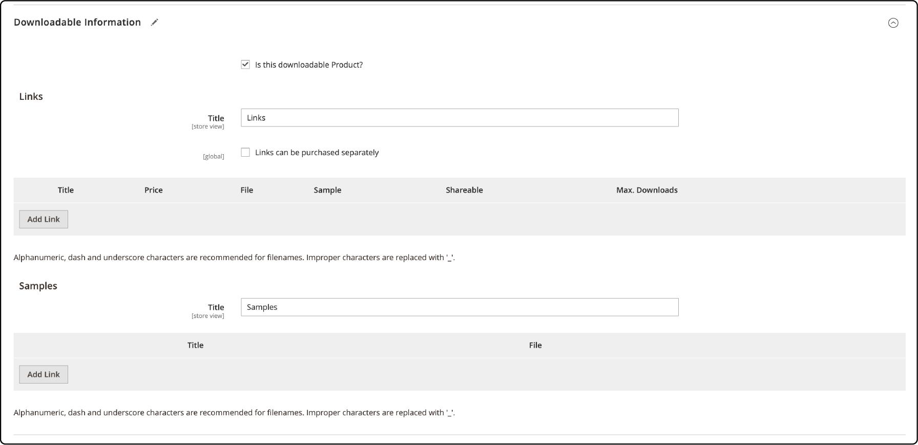 Completing the final details for a downloadable product in Magento