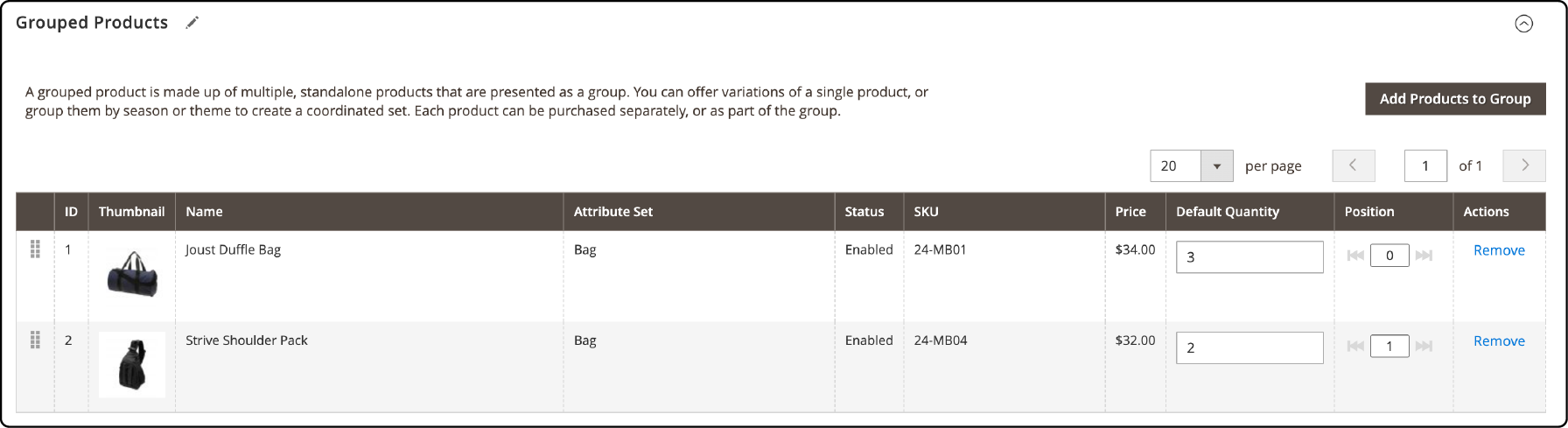 Setting Quantity and Position of Products in Magento 2 Group