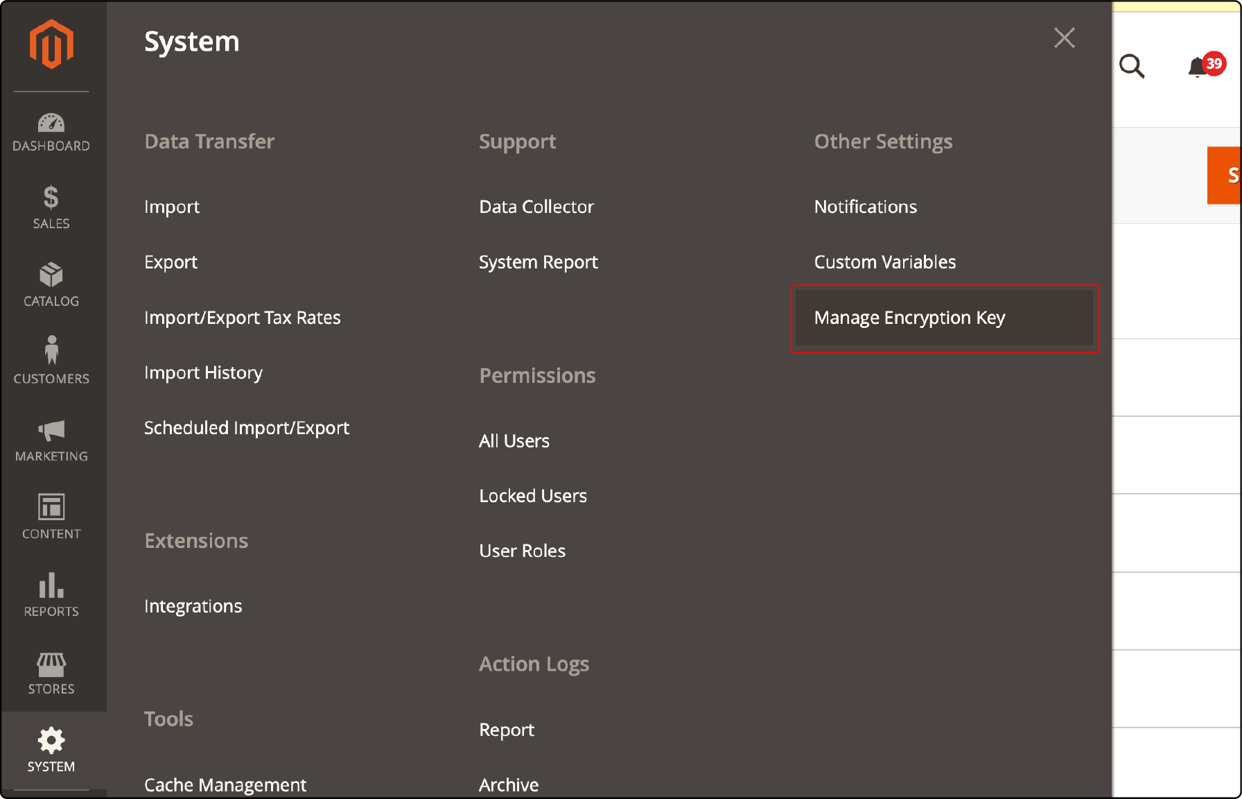 Navigating Magento 2 Admin Panel to System Settings for encryption key change