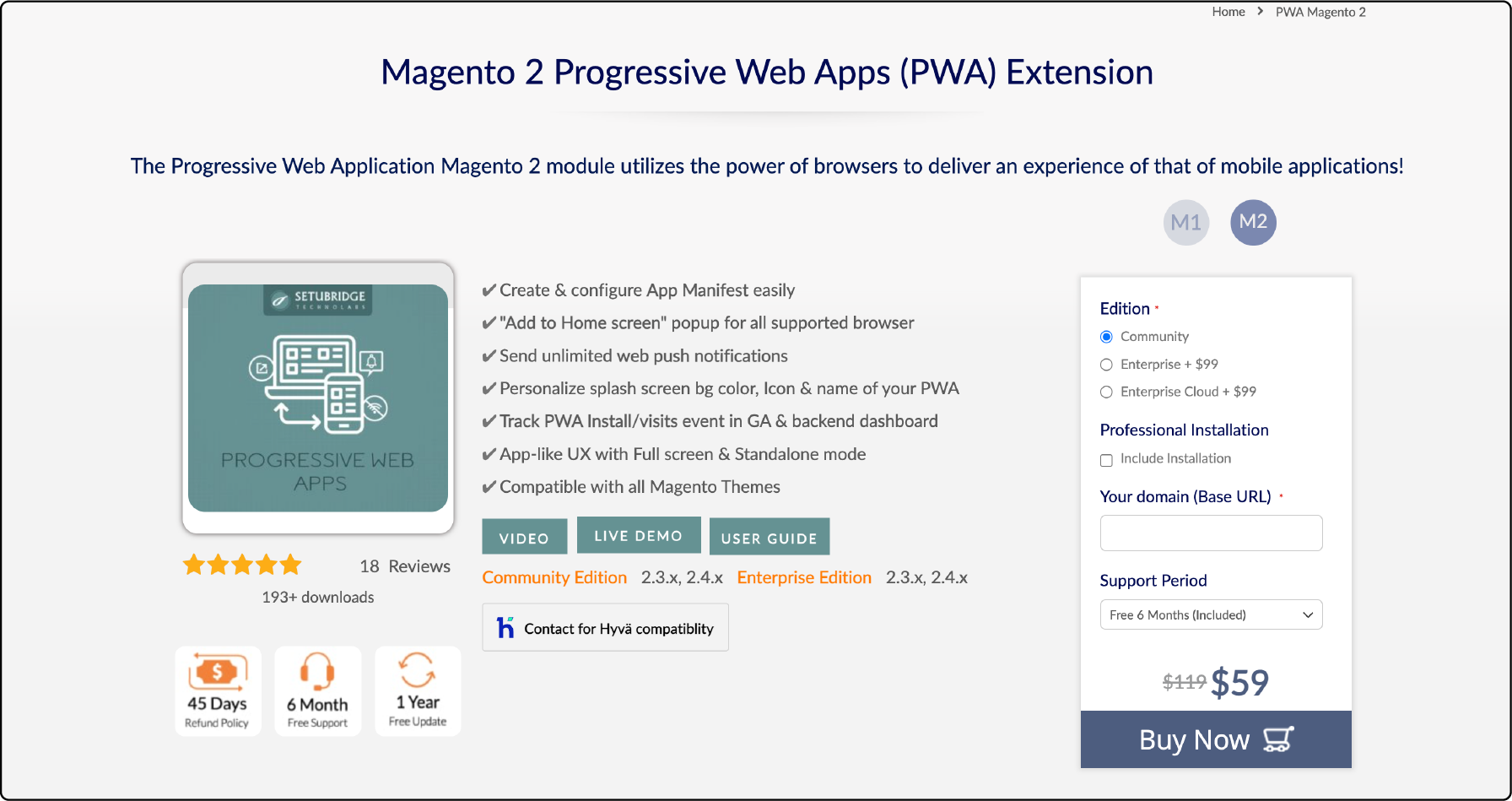 SetuBridge's Magento 2 PWA Extension emphasizing push notifications and offline mode
