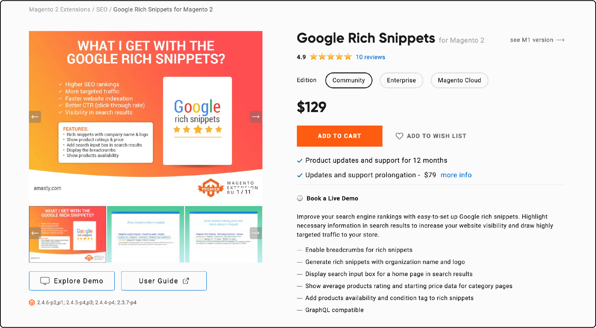 Amasty Google Rich Snippets extension dashboard for Magento 2