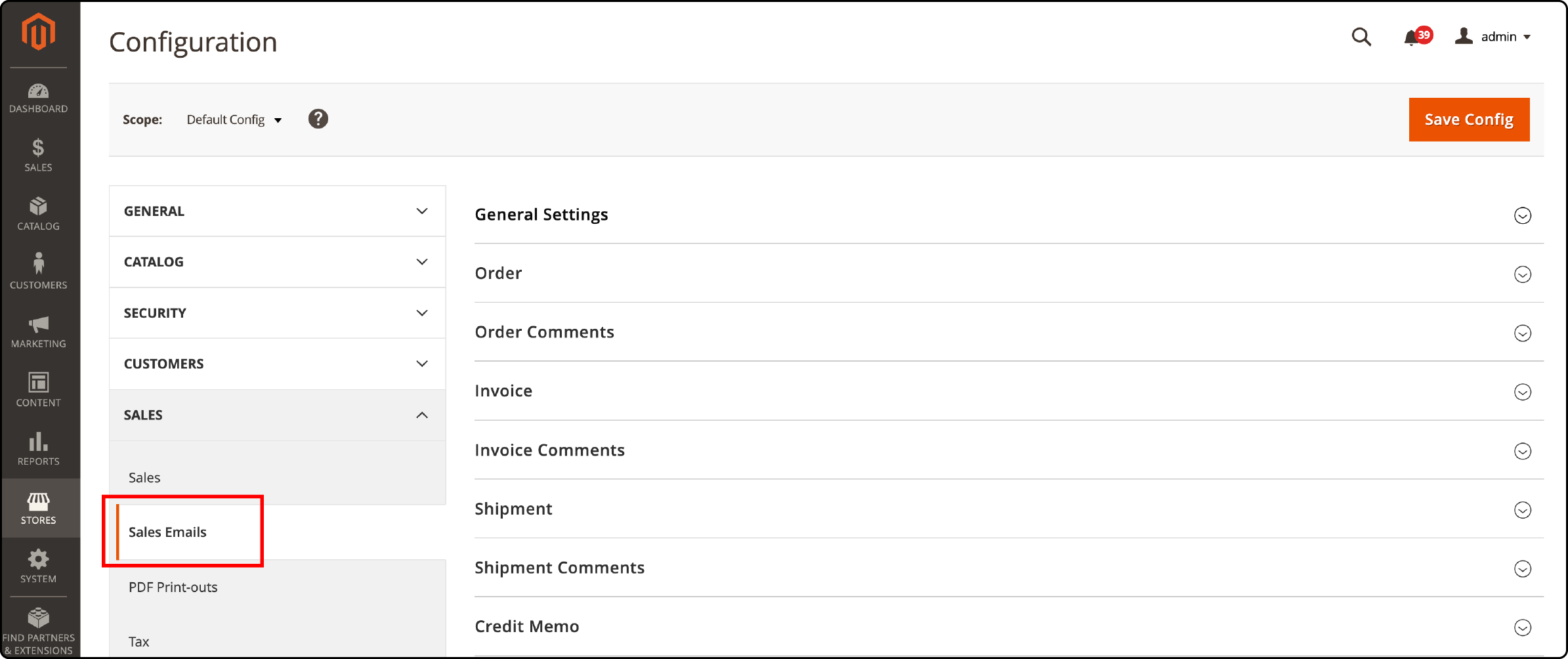 Navigating to Sales Email settings in Magento 2