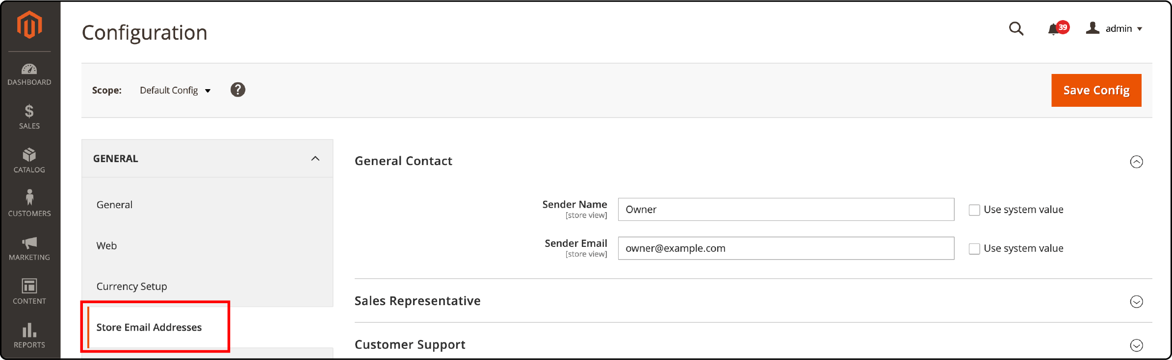 Navigating to Magento 2 store email address settings