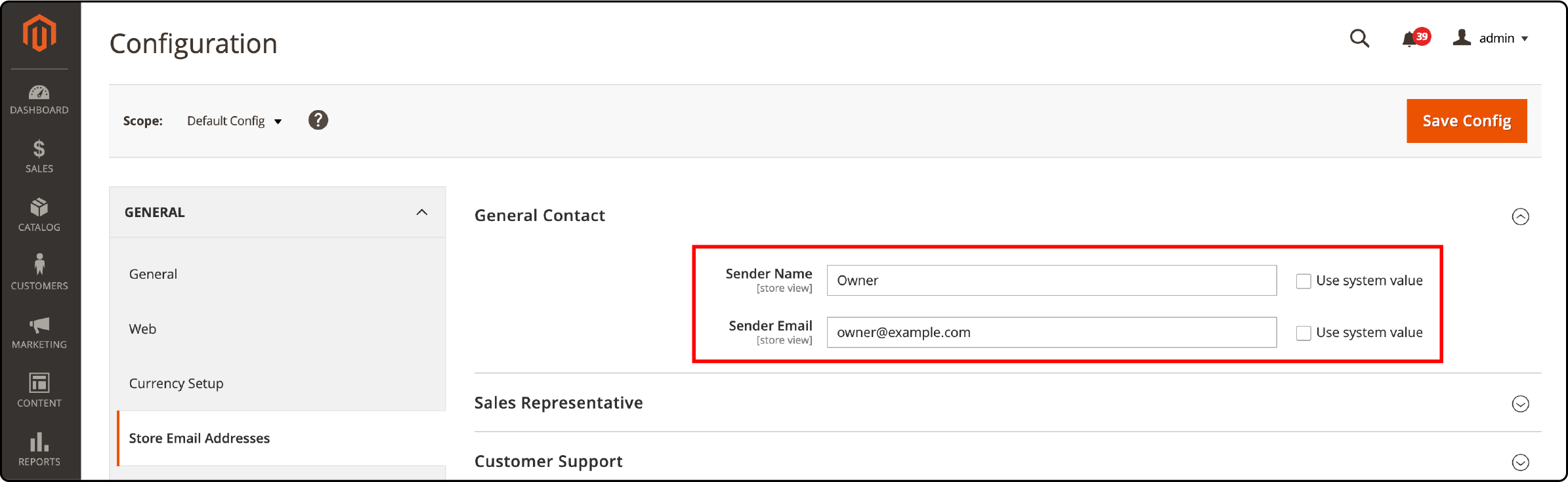 Updating the sender email address in Magento 2