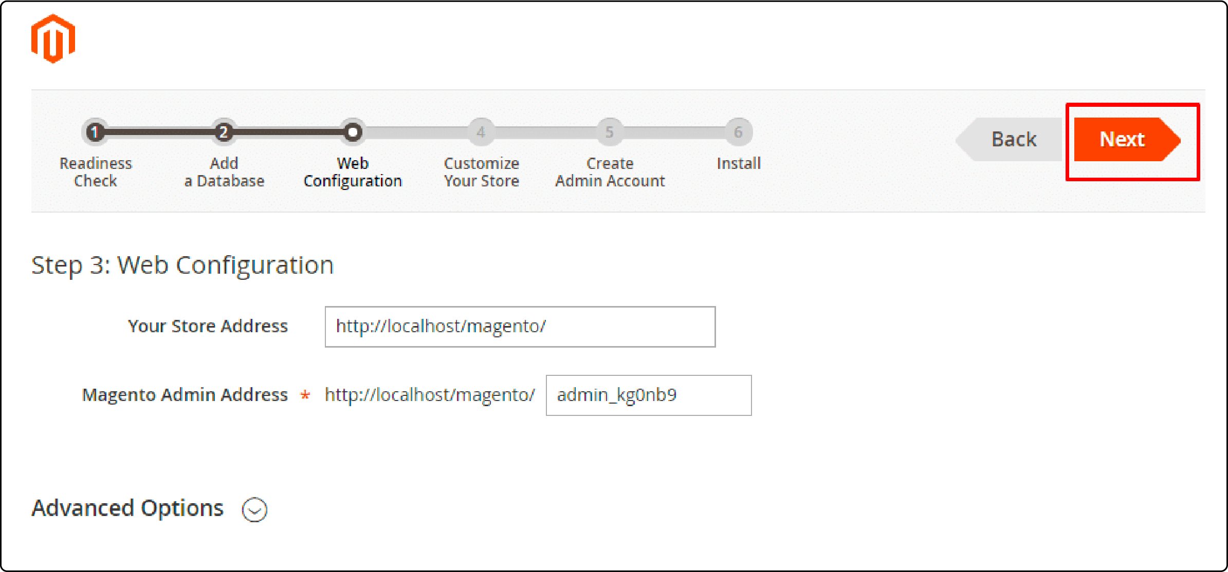 Web configuration step during Magento database setup