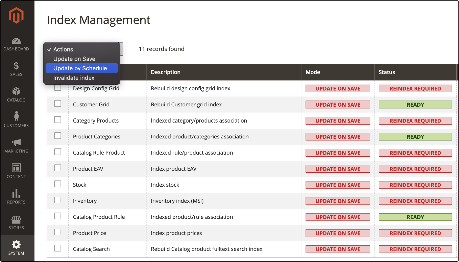 Magento 2 admin panel interface for reindexing process