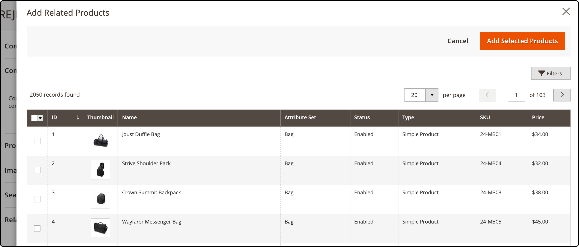 Step-by-step addition of related products in Magento 2 interface.