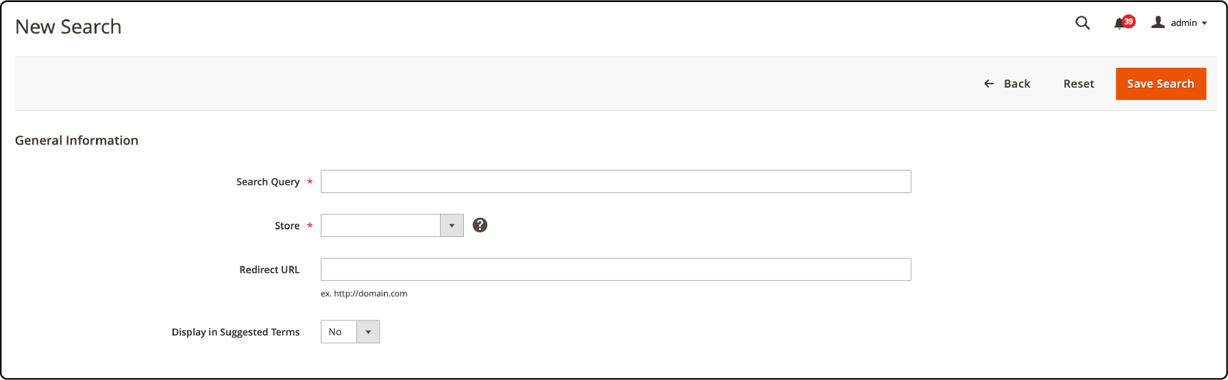 Screen for inputting a new search term in Magento 2