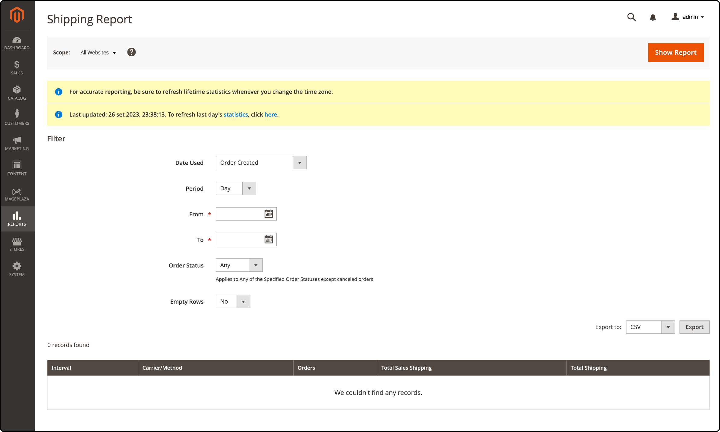 Magento's detailed shipping report interface