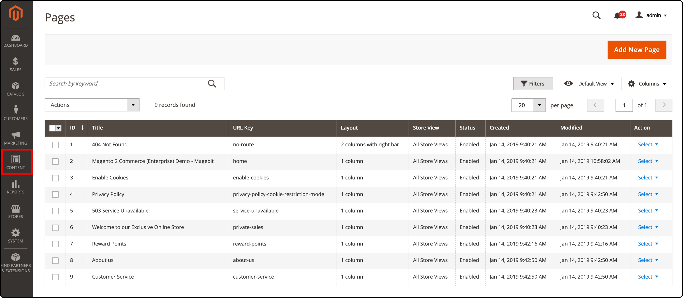 Magento's content placement and management interface