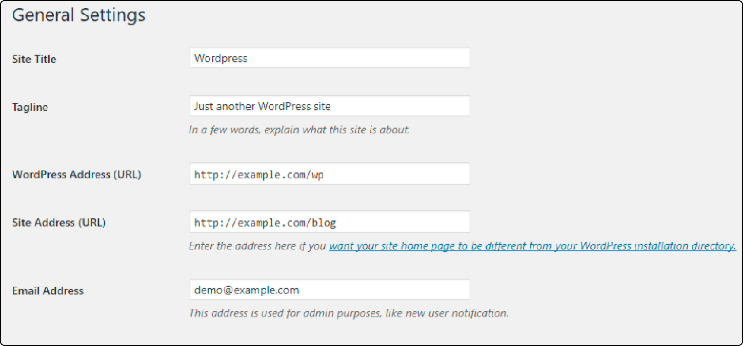 WordPress general settings overview for Magento blog integration.