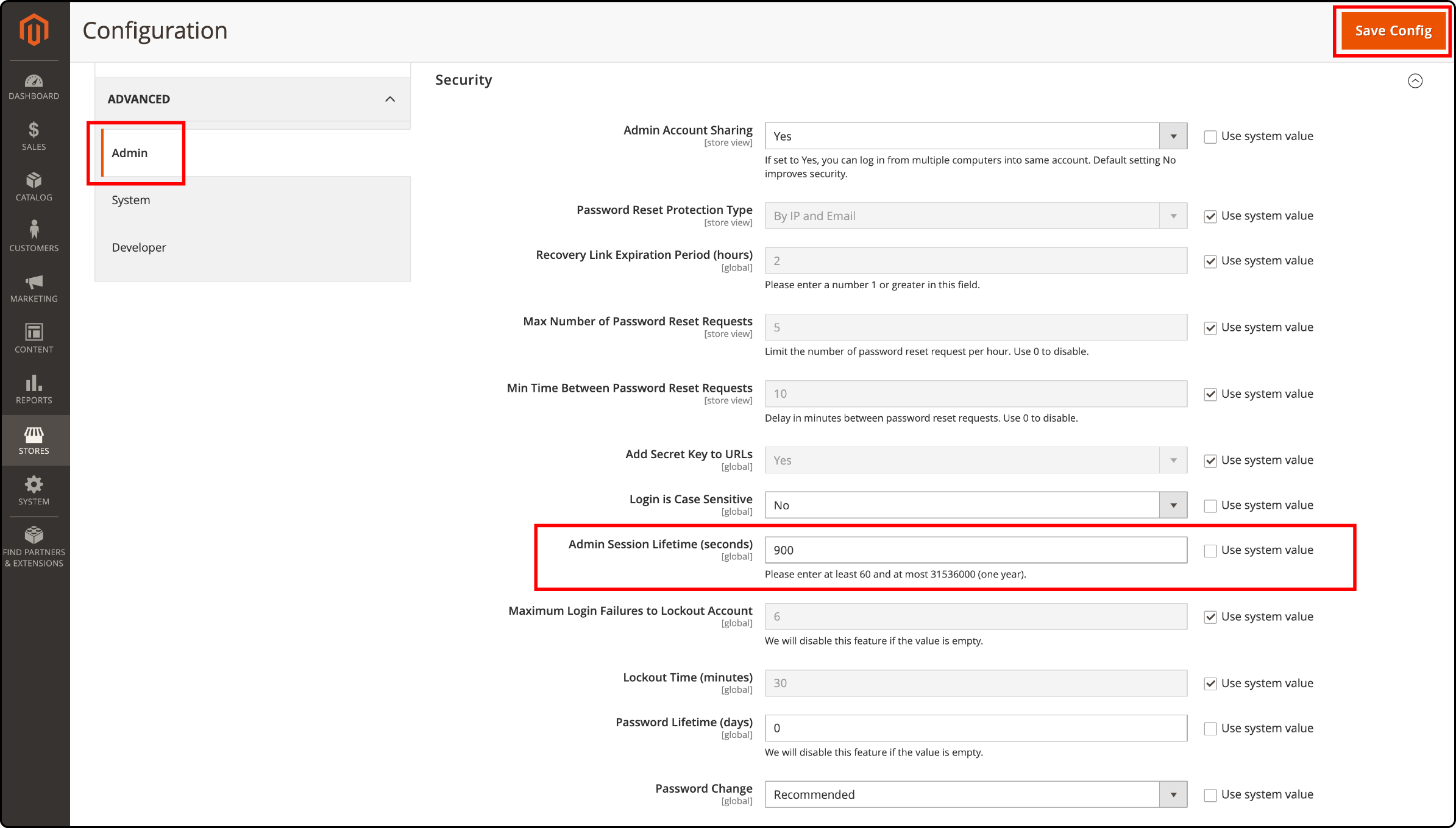 Entering desired session timeout in Magento 2 admin panel