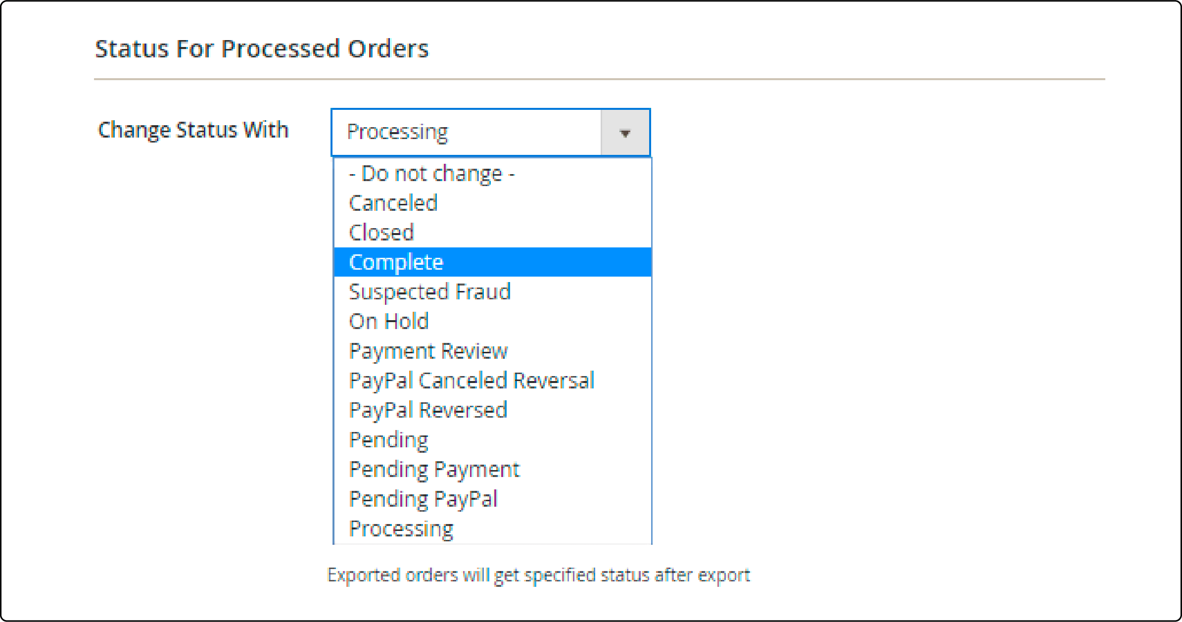 Changing status of processed orders in profile configuration