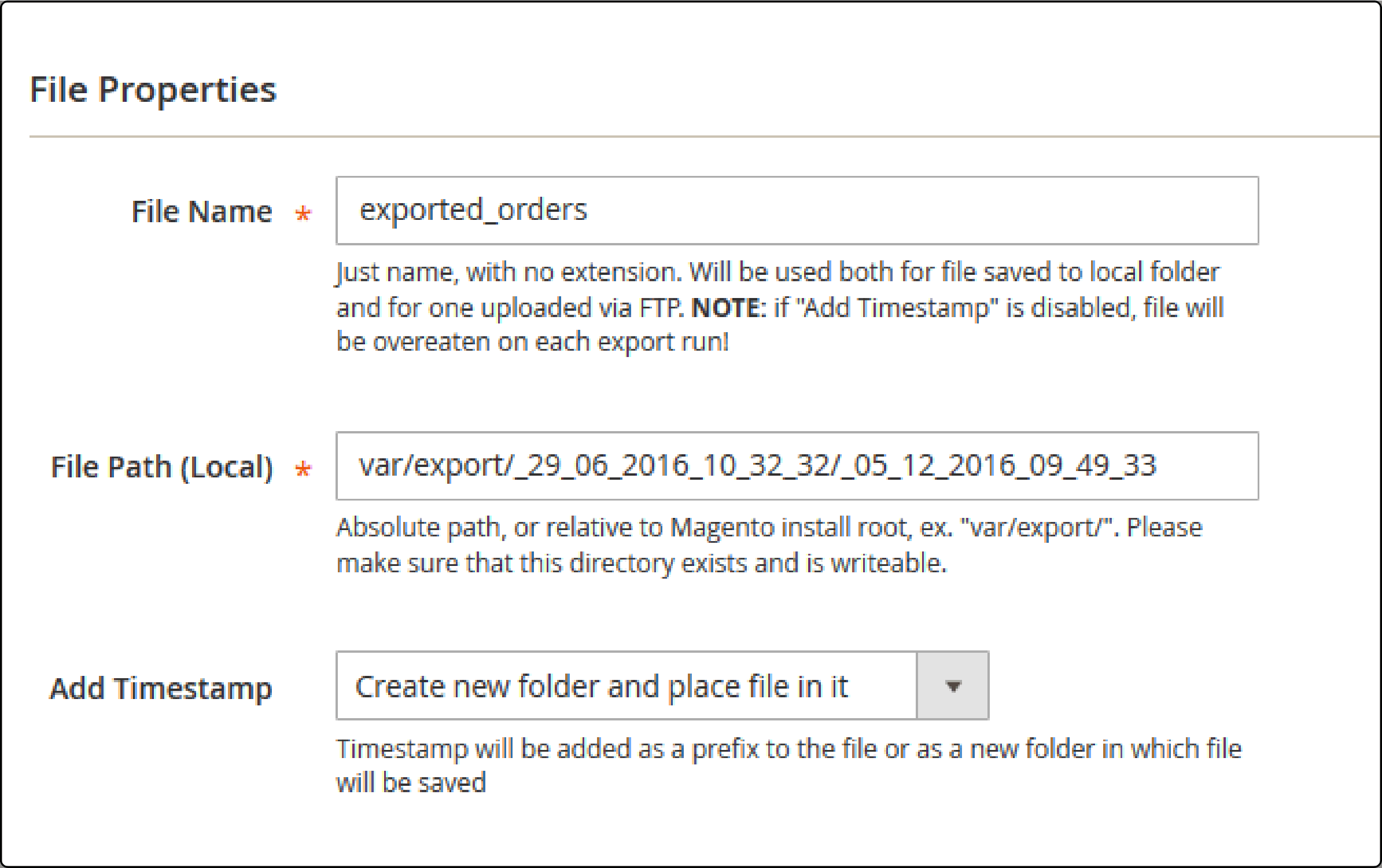 File options for exporting orders in Magento profile configuration