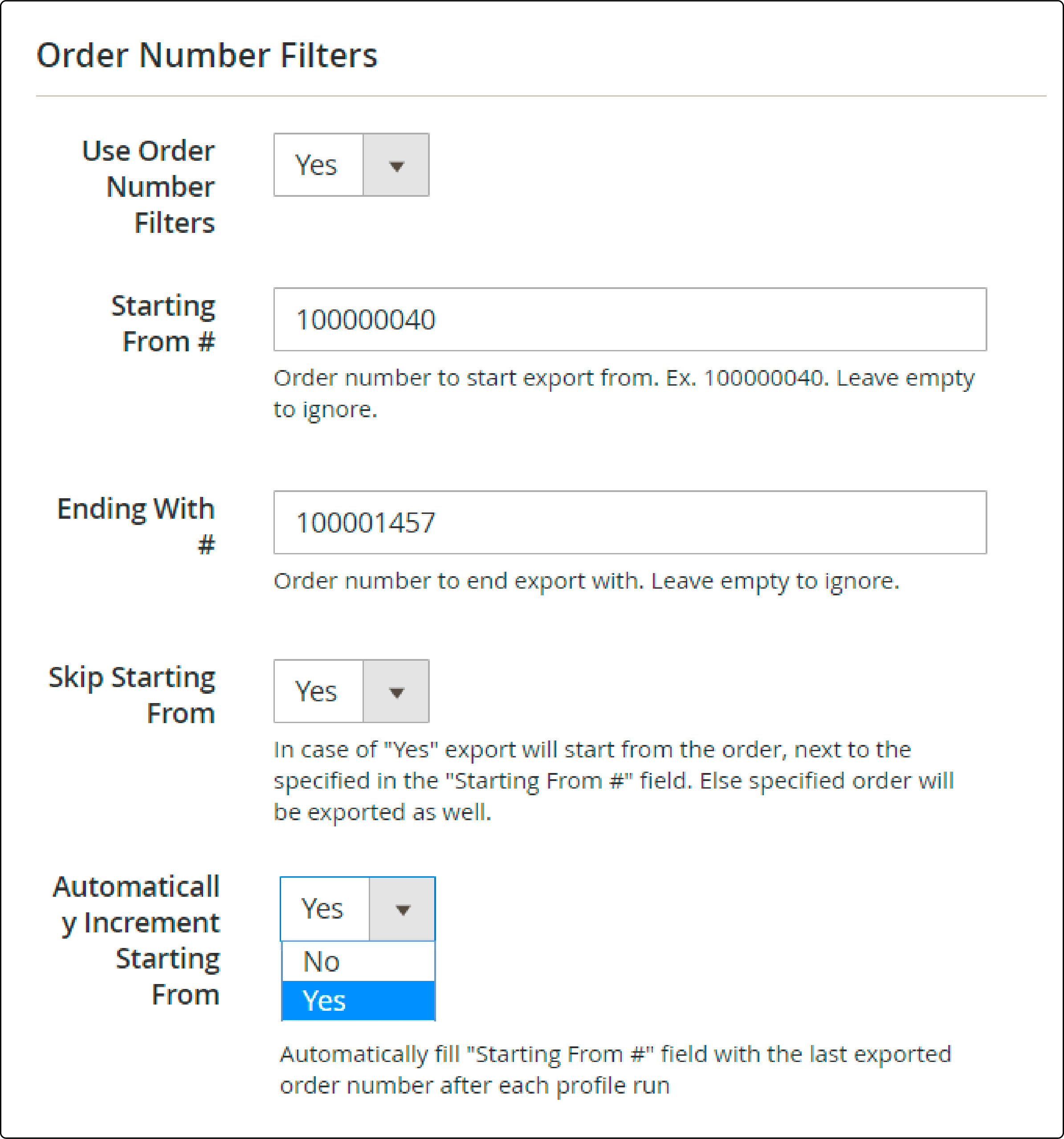 Configuring order number filters in Magento export profile
