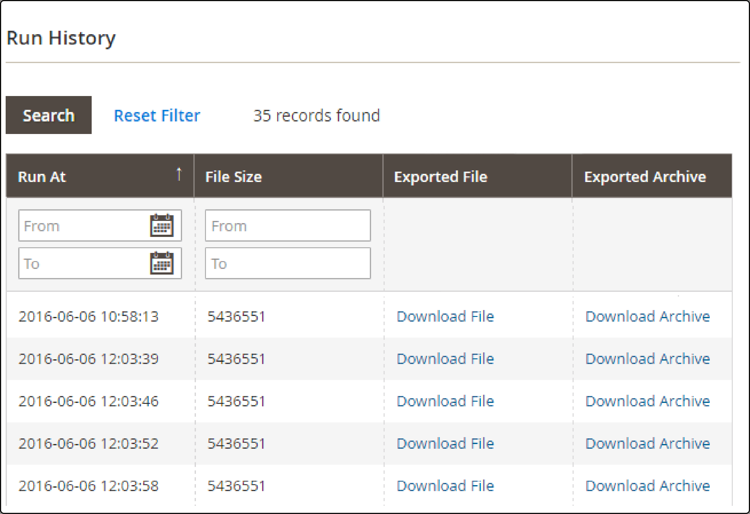 Run History tab showing export history in Magento profile configuration