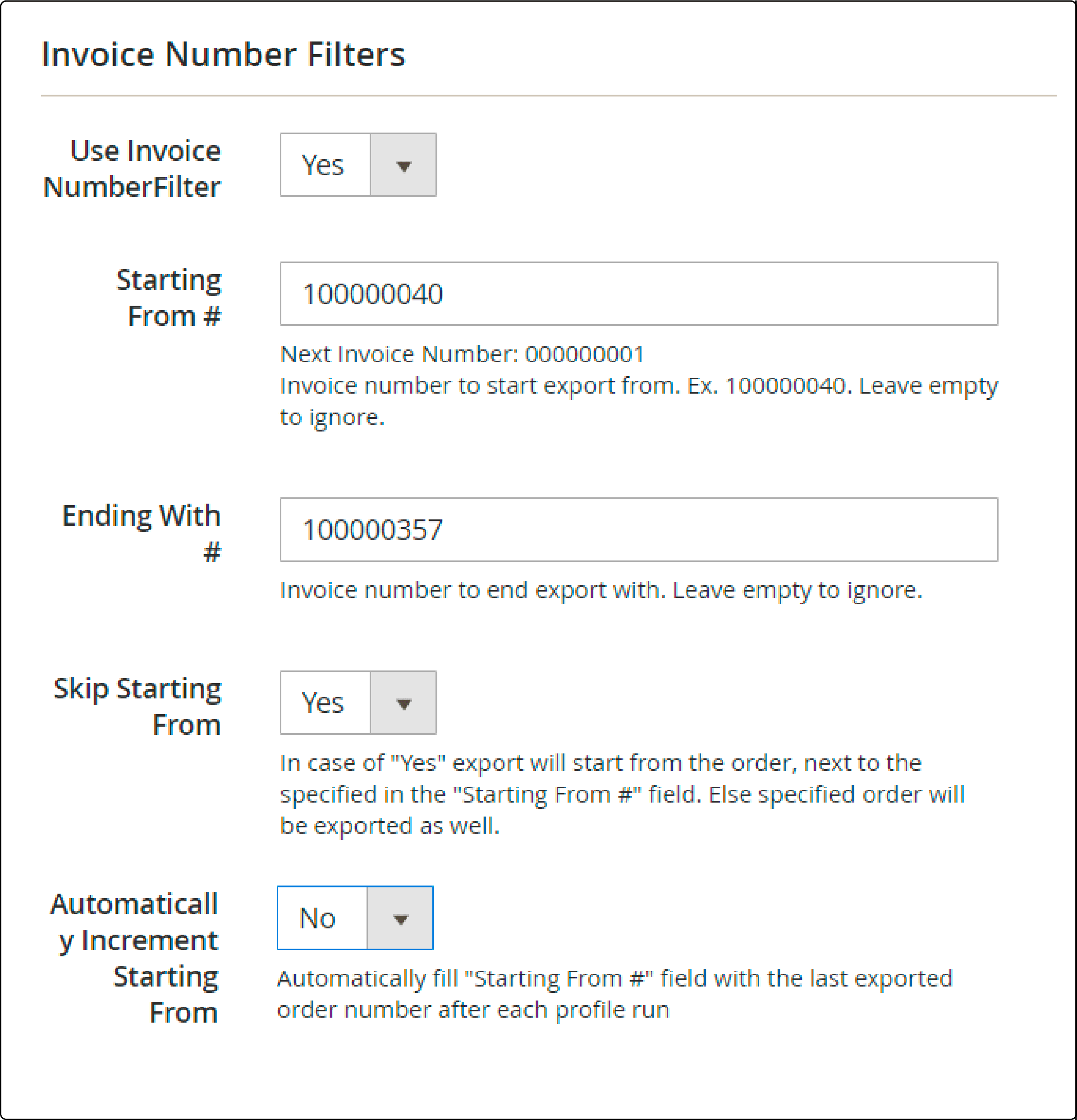 Configuring invoice number filters in Magento export profile
