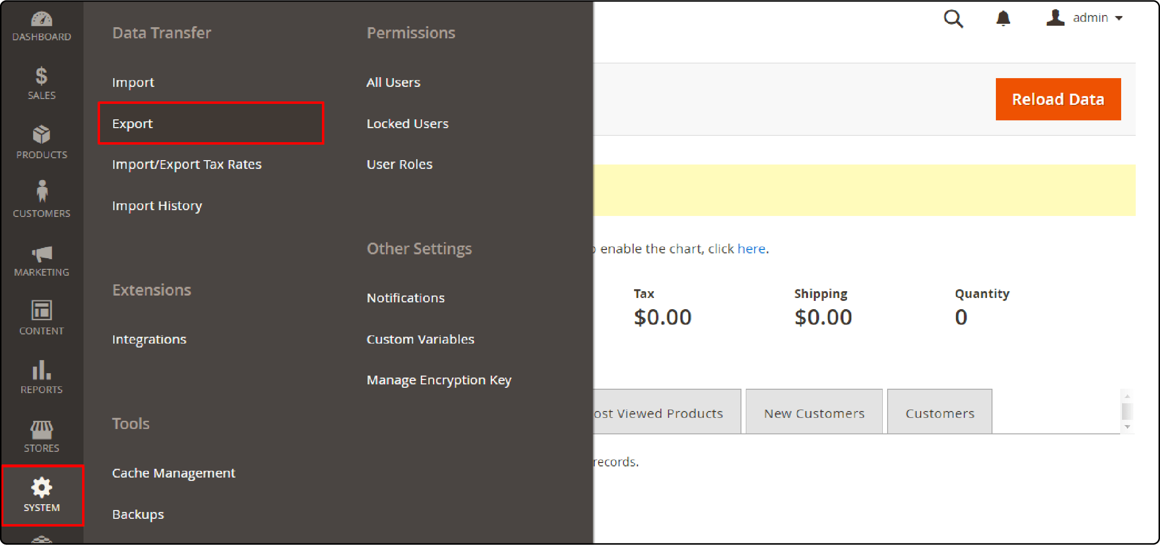 Navigating to export options in Magento extension