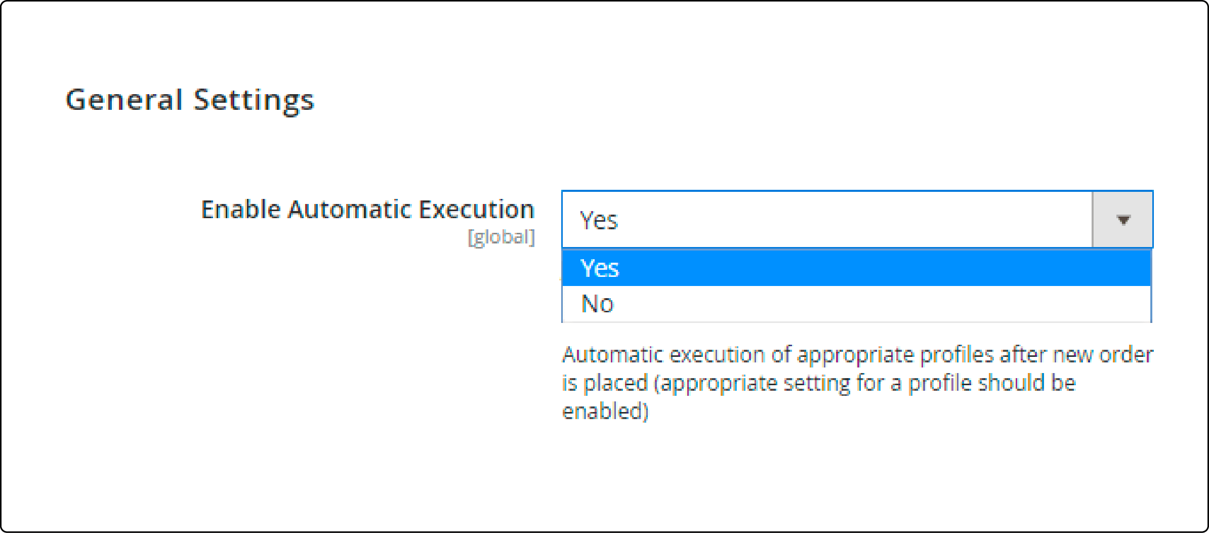 General settings tab for configuring export order profiles in Magento