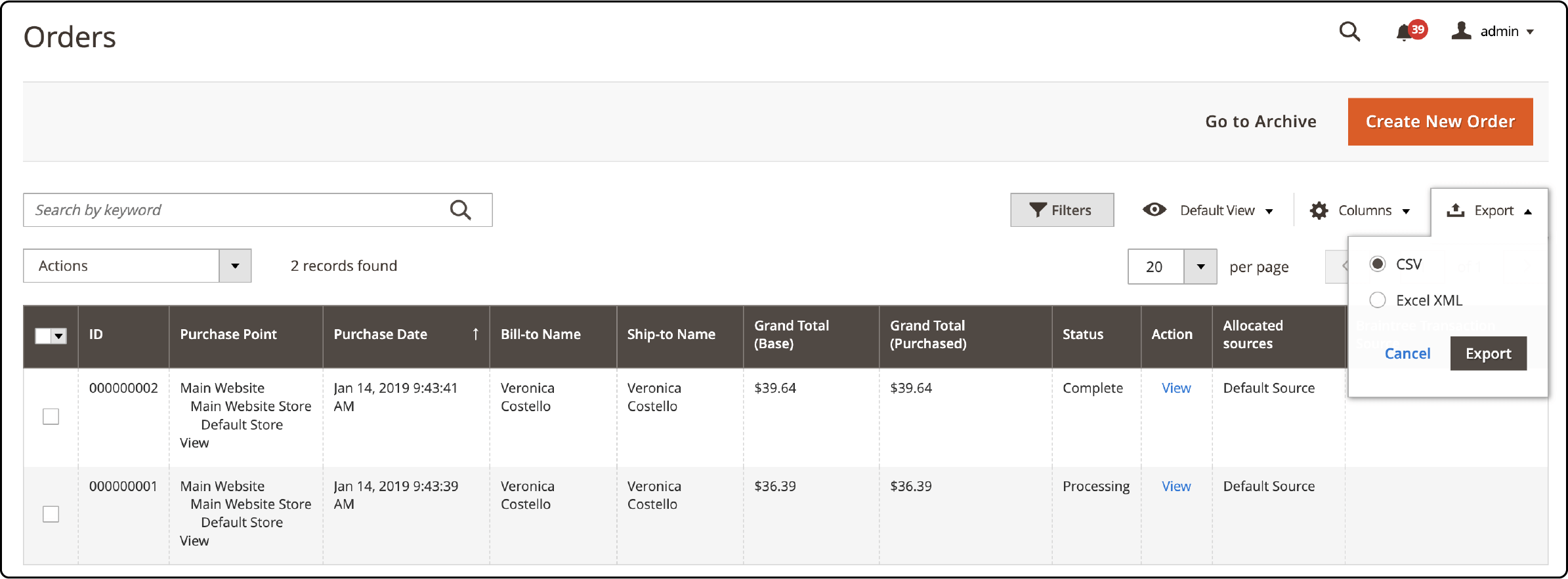 Export dropdown menu in Magento backend Orders section