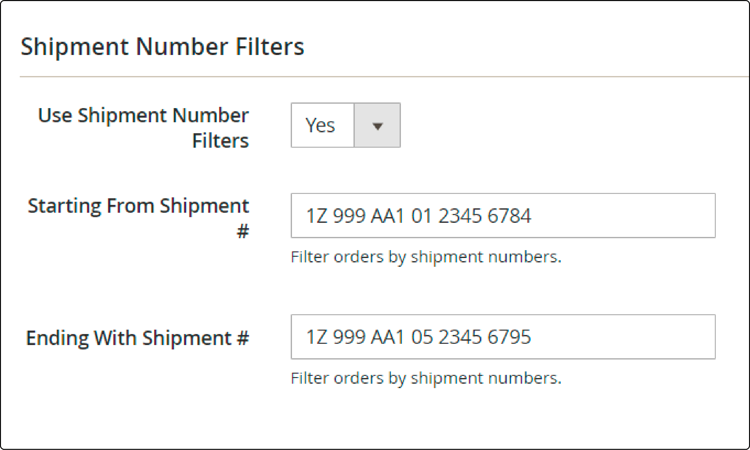 Configuring shipment number filters in Magento export profile
