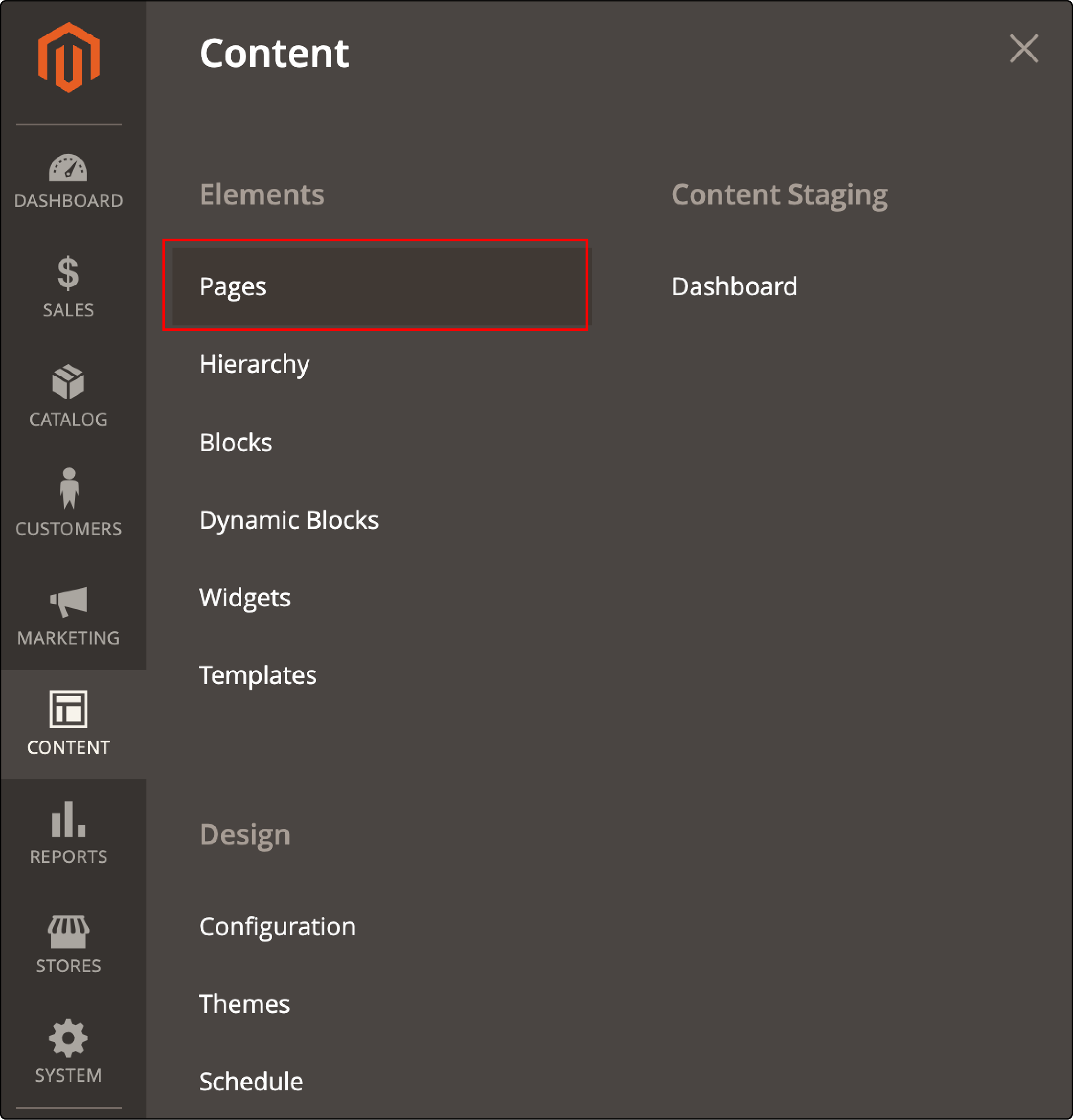 Navigating to Pages tab in Magento 2 admin panel