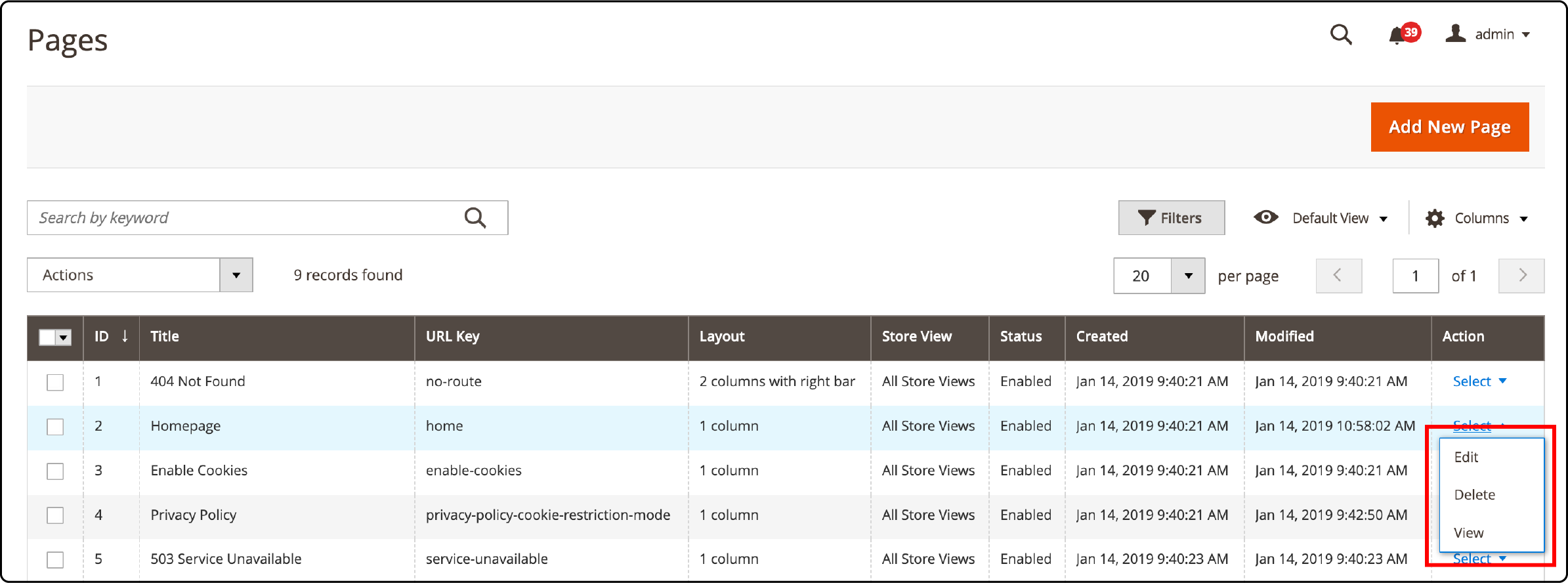 Clicking the Select option for editing Magento 2 homepage