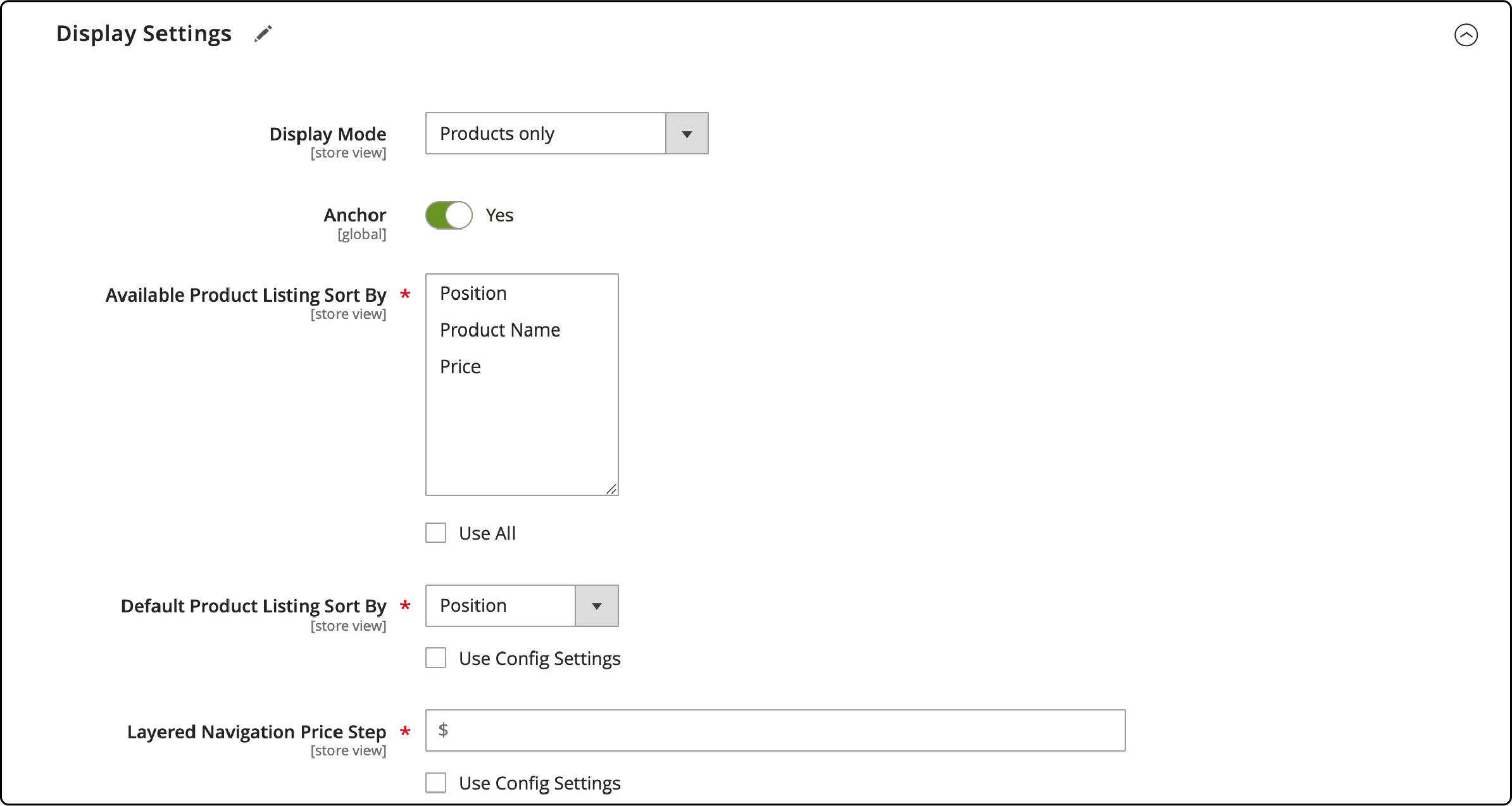 Display settings options in Magento 2 category creation