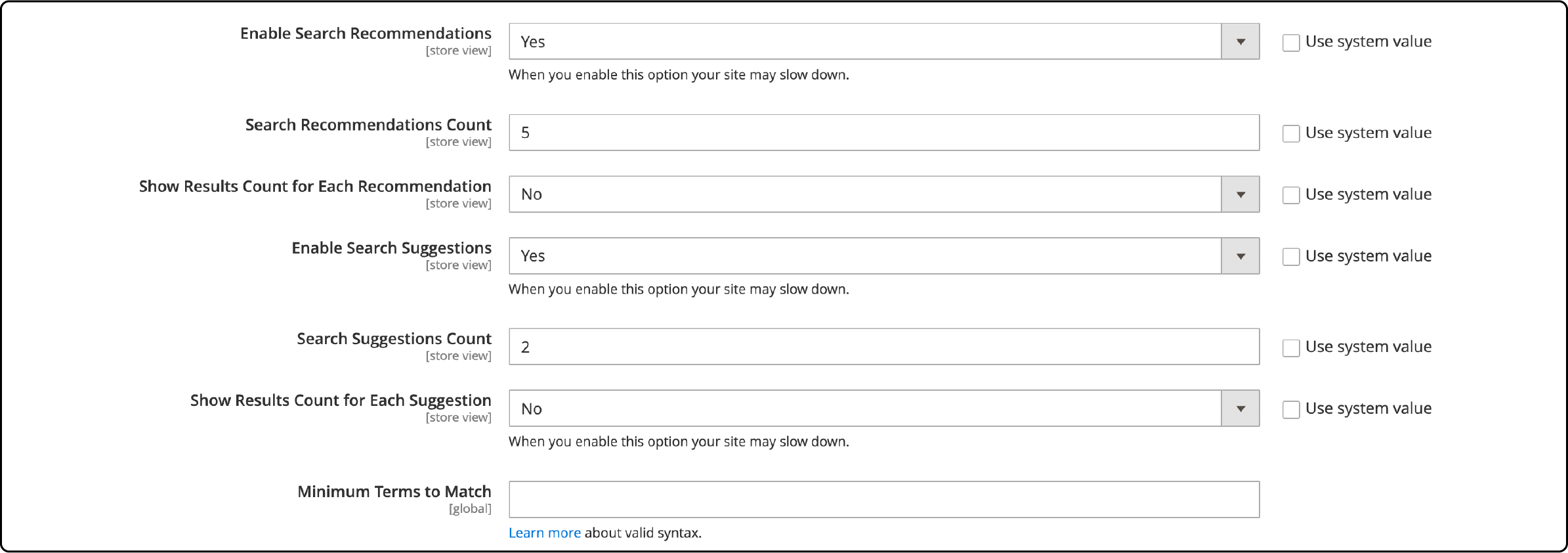 Enabling search suggestions and recommendations in Magento 2