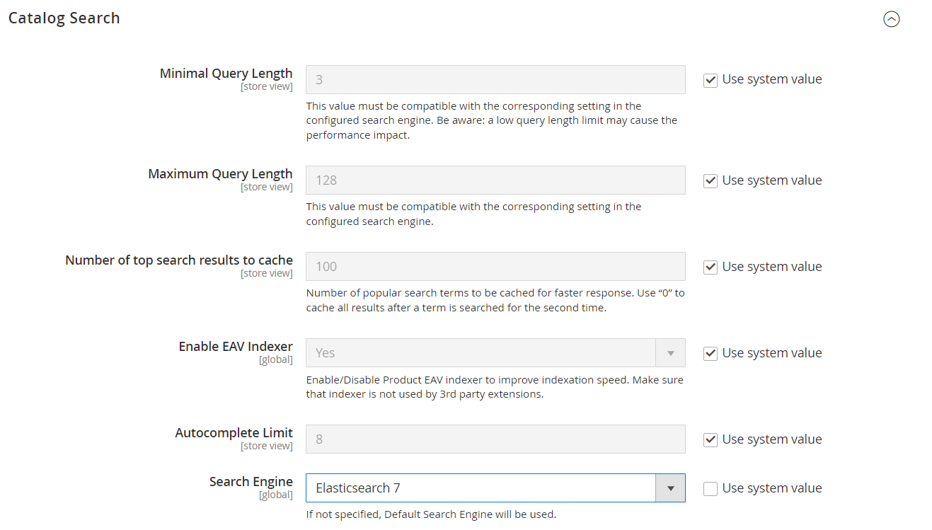 Configuration options for search settings in Magento 2 admin panel