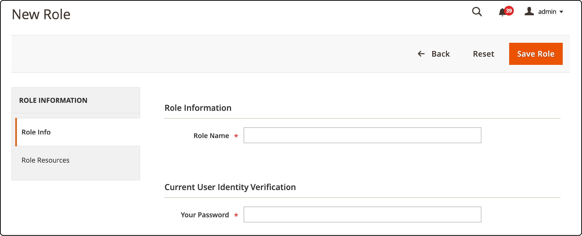 Add New Role
Alt-text: Adding a New User Role in Magento 2