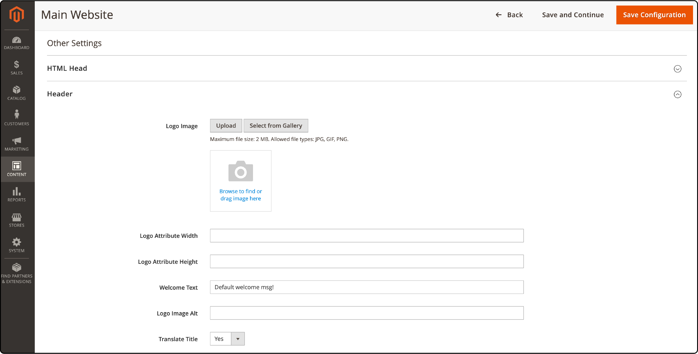 Content configuration options in Magento theme customization