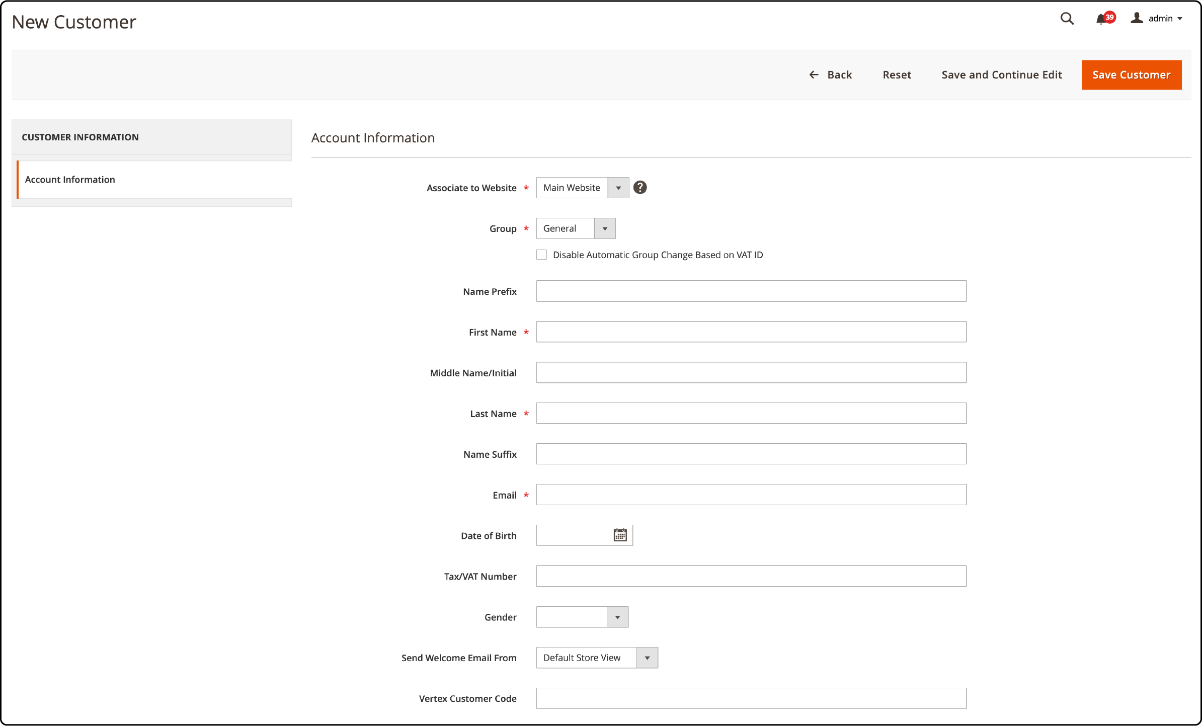 Filling out account information for a new customer in Magento 2