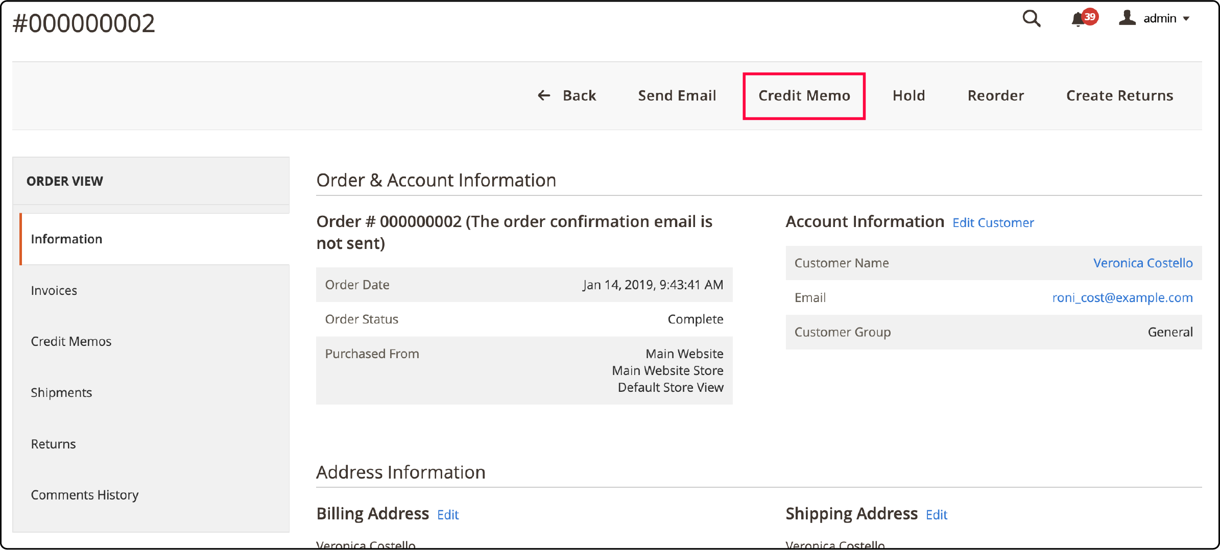 Process of generating a credit memo for canceled orders in Magento 2