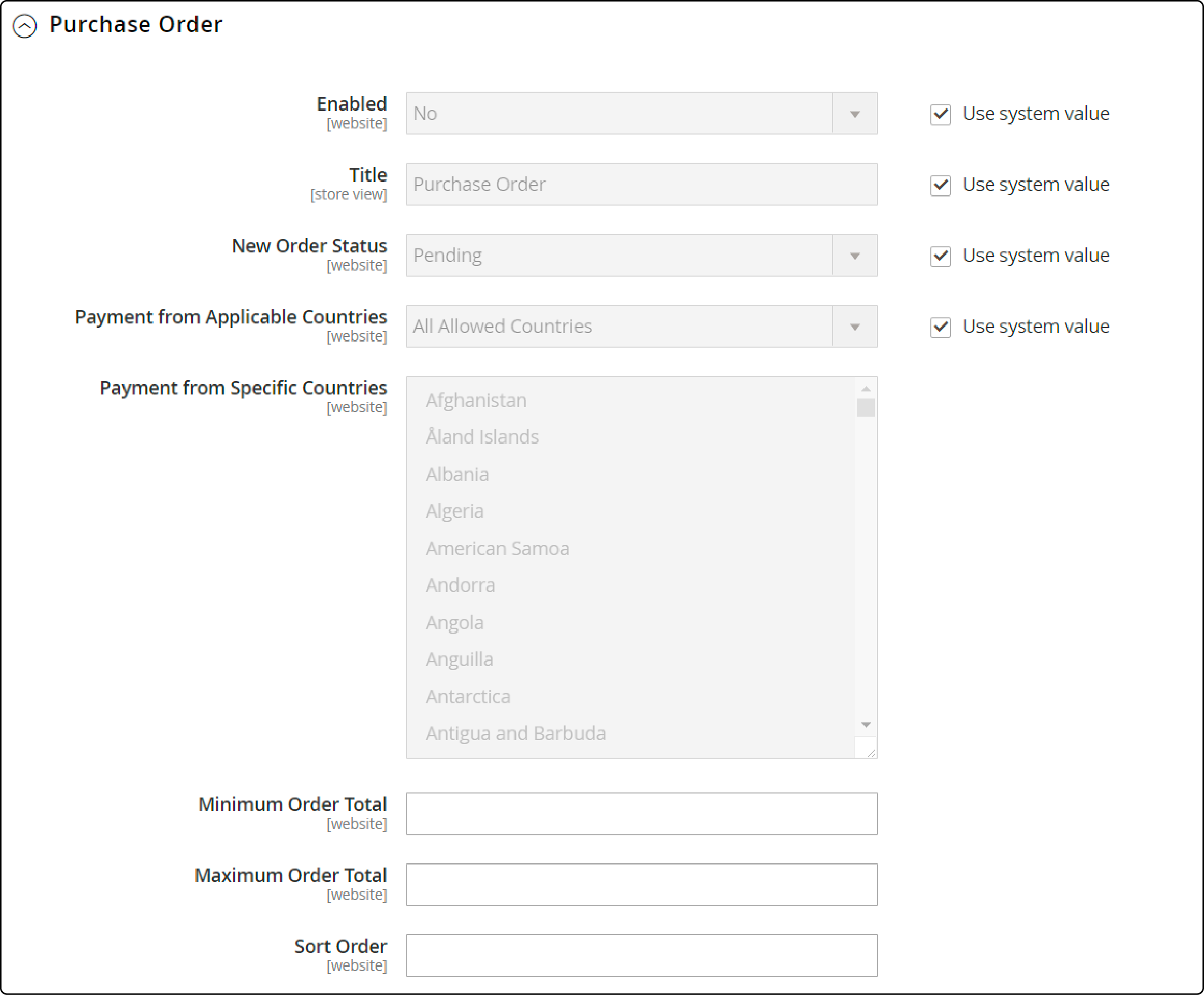 Entering required details in Magento 2 Purchase Order section for payment configuration