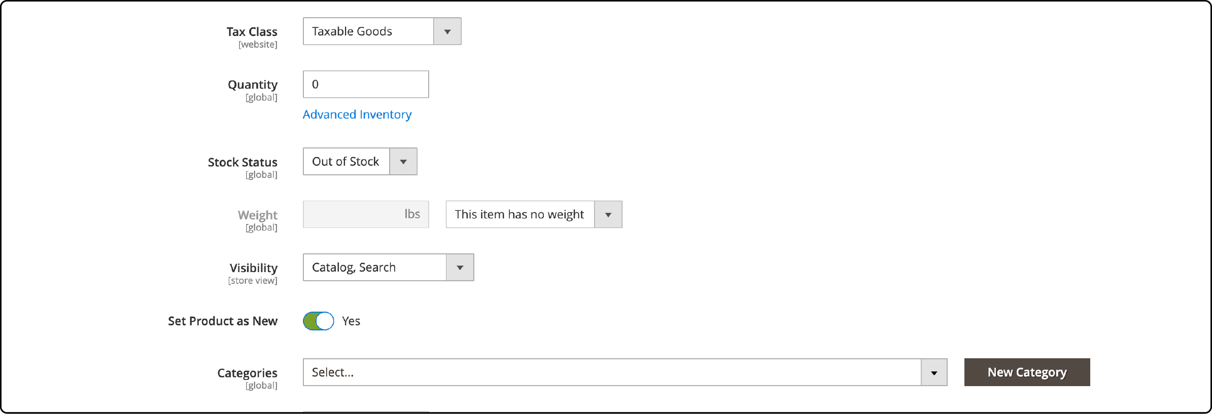 Modifying tax class, quantity, and stock status settings in Magento 2 Virtual Product