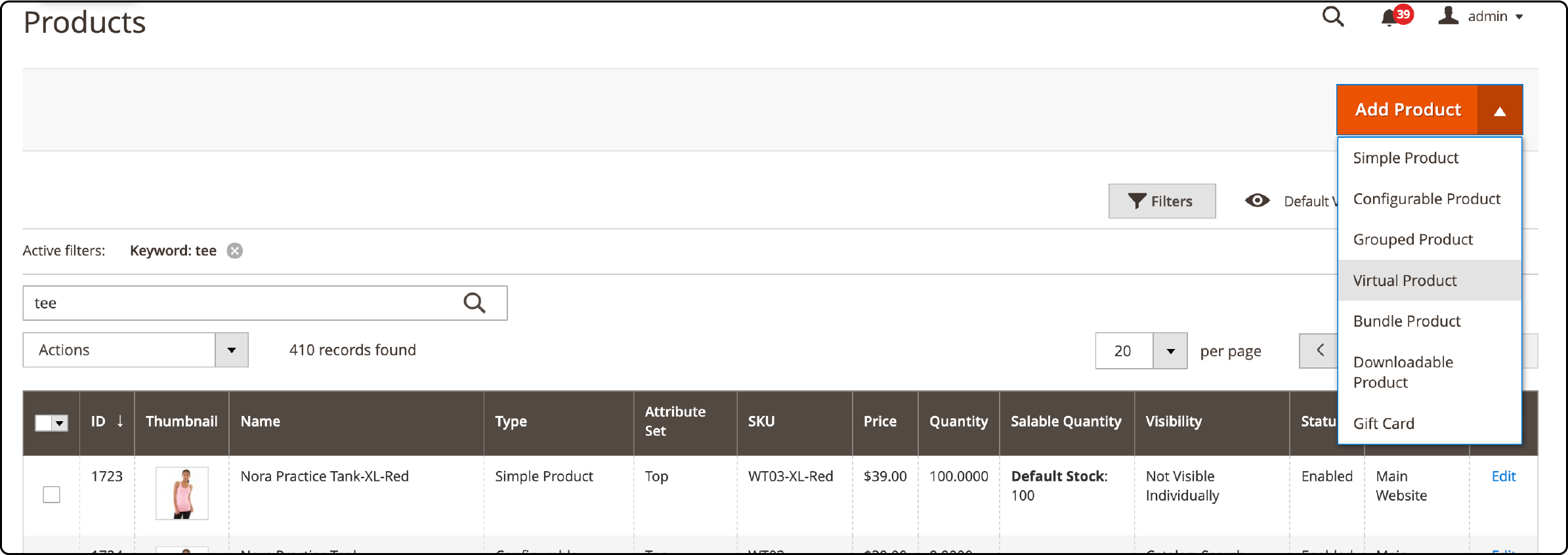 Magento 2 Admin Panel showing how to select Virtual Product type