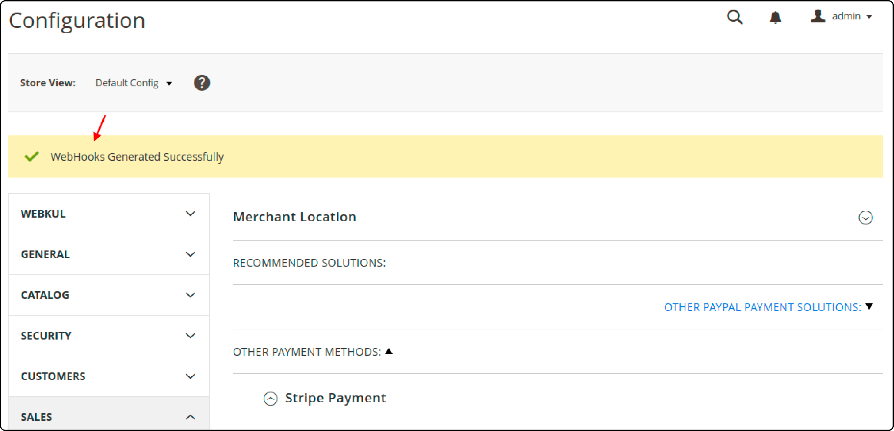 Confirmation screen of successful webhook generation in Magento 2 Stripe setup