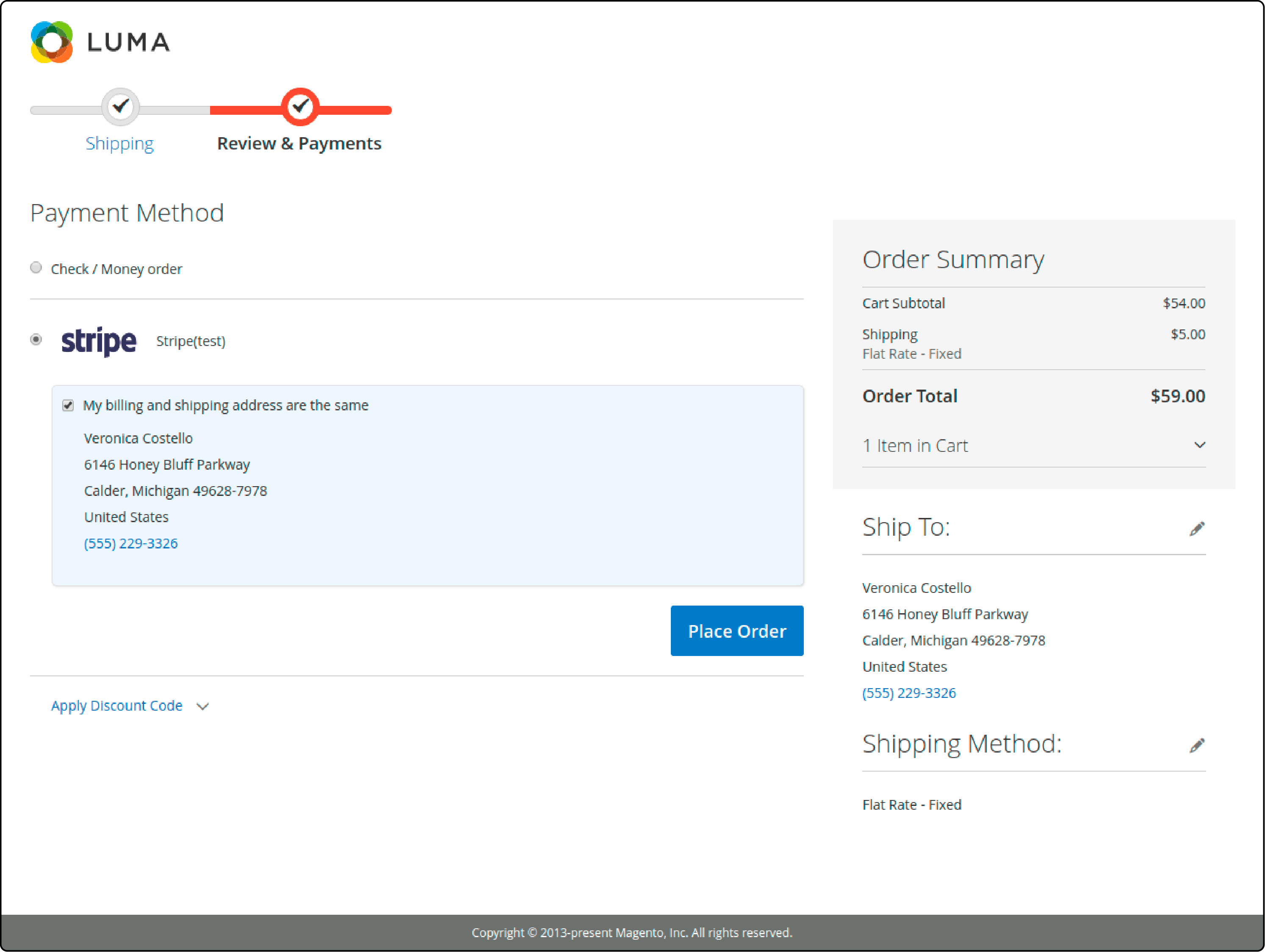 Display of Stripe's secure payment page in Magento 2 checkout process
