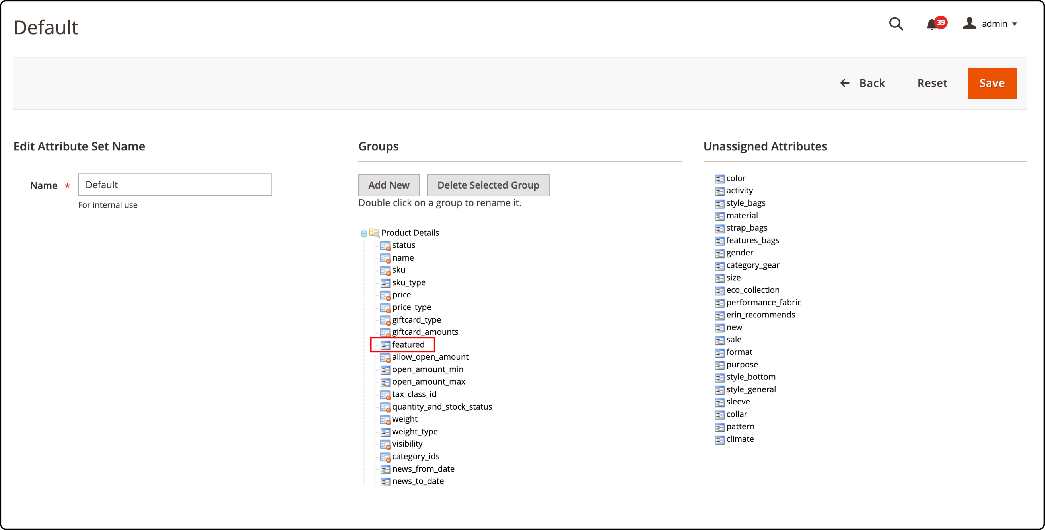 Process of moving the featured attribute in Magento 2 settings