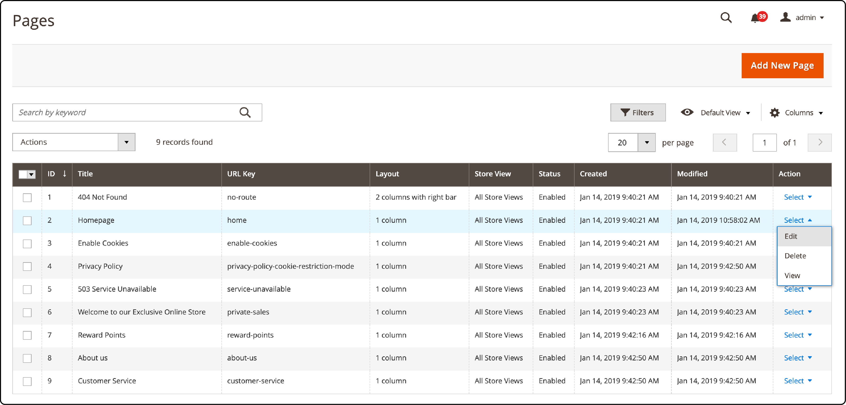 Navigating to pages for editing the Magento 2 homepage layout