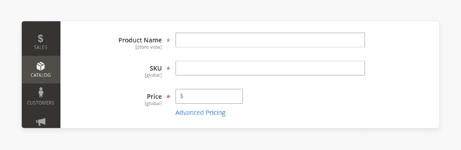 Completing the required settings for a simple product in Magento 2, including SKU, price, and inventory details.