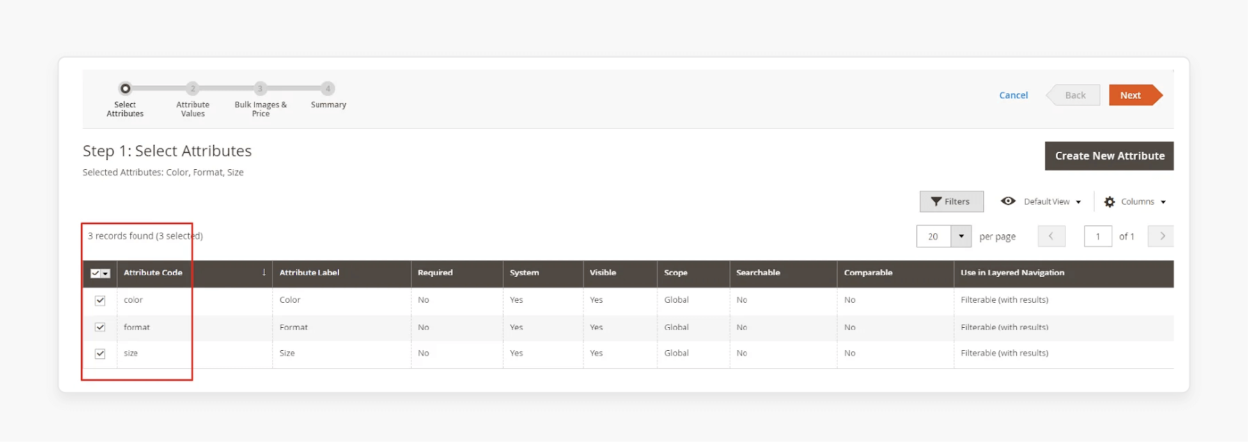 Selecting features for configurable products, such as size or color, to define product variations in Magento 2.